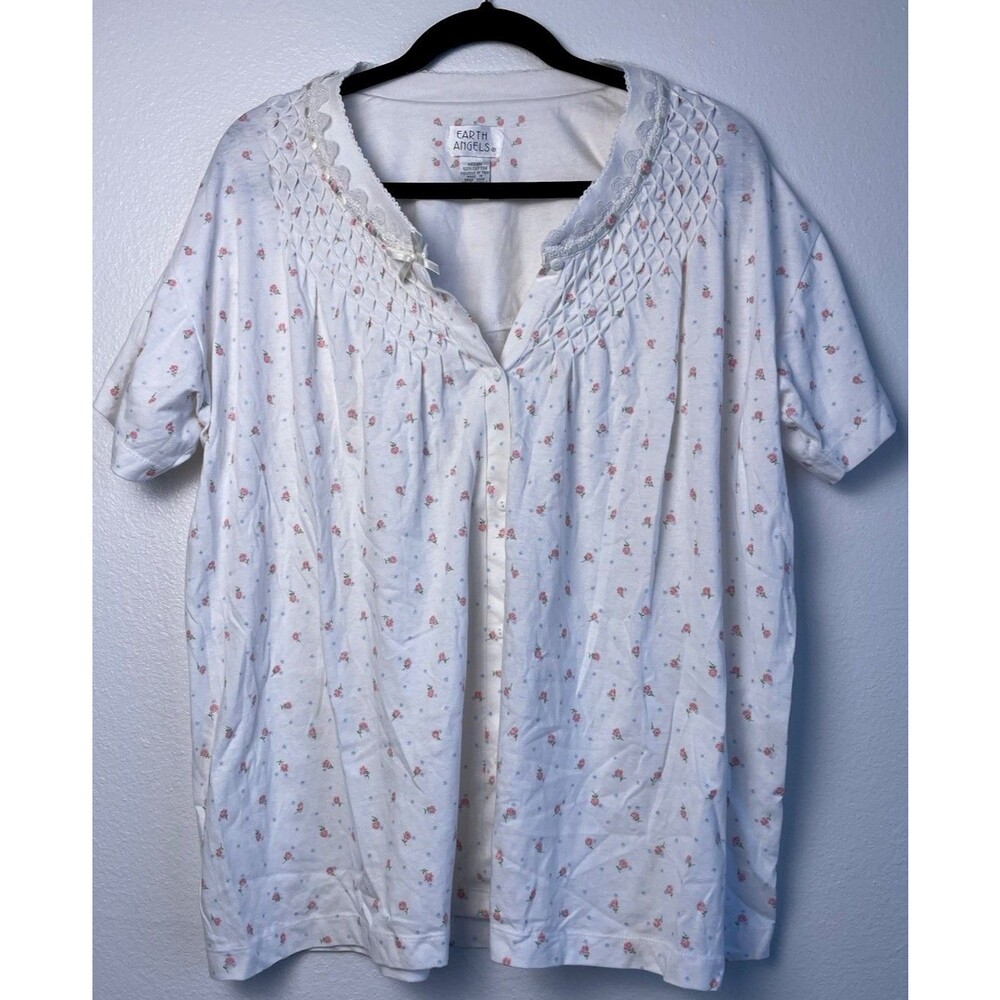 Vintage Women XL/2XL Cotton Rose Floral Pajama Shirt Lace Ribbon Cottagecore Y2K